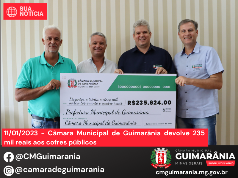 Câmara Municipal de Guimarânia devolve 235 mil reais aos cofres públicos